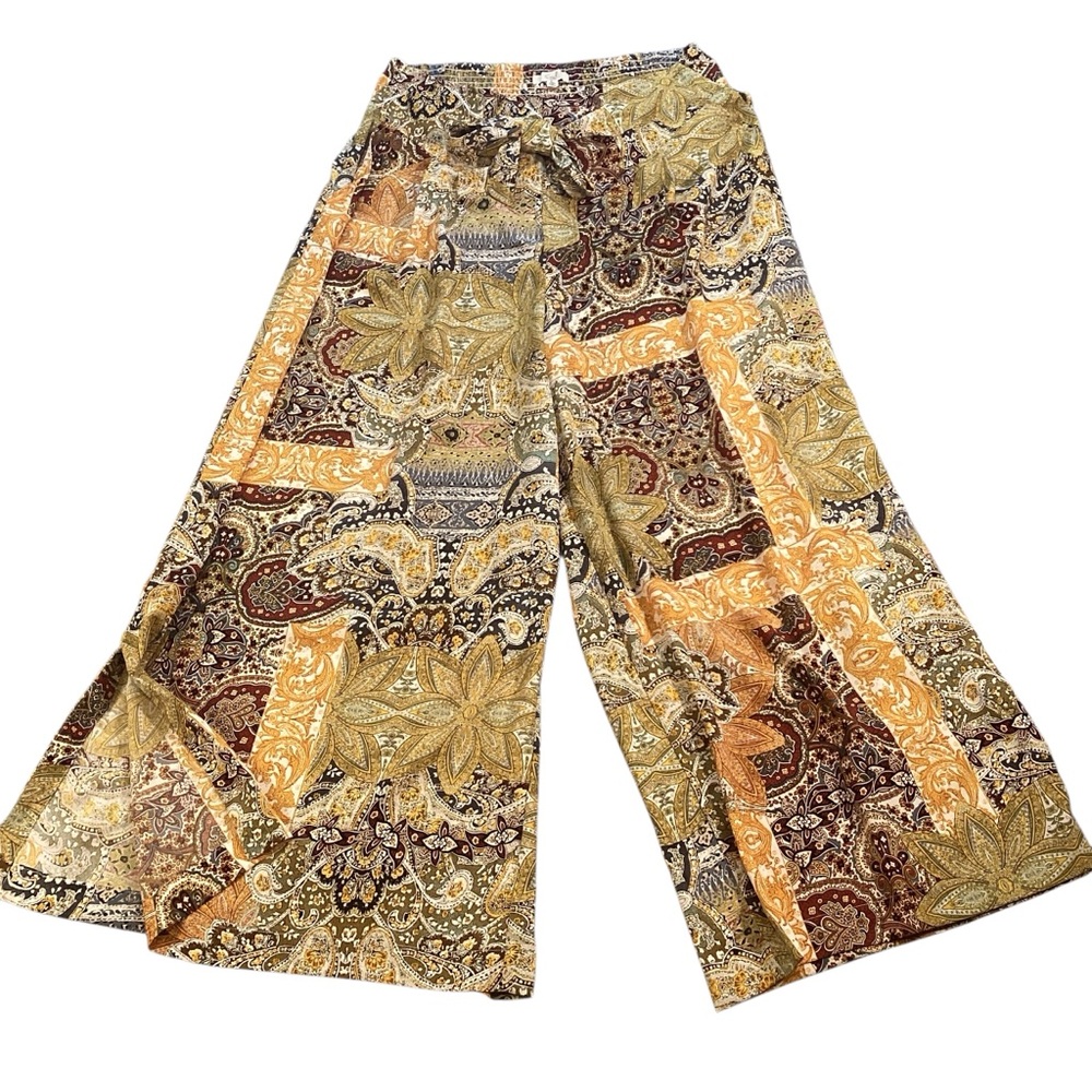 easel Wide Leg Paisley Patchwork Pants in Mustard, Brown, Cream